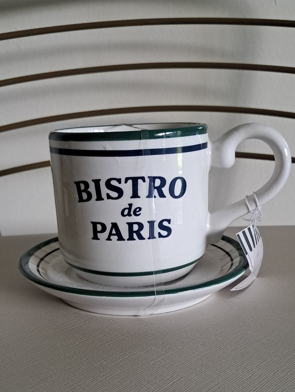 New!Viral "Bistro de Paris" Cup & Saucer with Navy and Green Trim